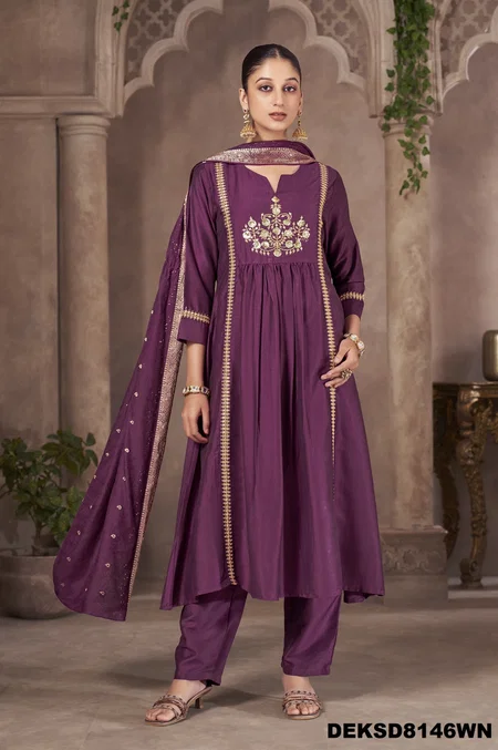 Ethnic Chinnon Embroidery Ladies Kurti With Bottom Dupatta